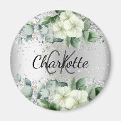 Silver White florals elegant monogram name Magneet (Voorkant)