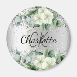 Silver White florals elegant monogram name Magneet