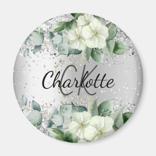 Silver White florals elegant monogram name Magneet (Voorkant)