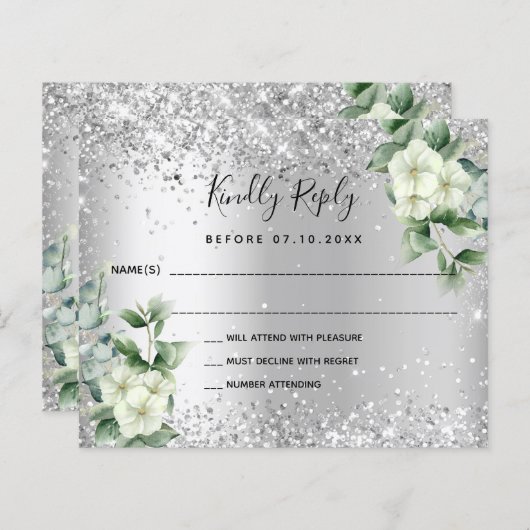 Silver White florals eucalyptus bruiloft RSVP-kaar (Voorkant / Achterkant)