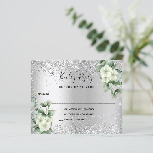 Silver White florals eucalyptus bruiloft RSVP-kaar (Staand voorkant)
