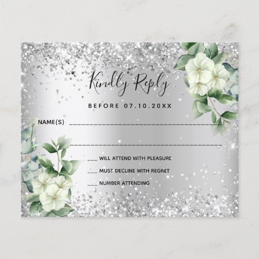 Silver White florals eucalyptus bruiloft RSVP-noot Flyer (Voorkant)
