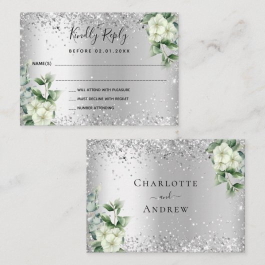 Silver White florals eucalyptus bruiloft RSVP Notitiekaartje (Voorkant / Achterkant)