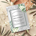 Silver White florals eucalyptus greenery jarig Kaart<br><div class="desc">Faux zilveren achtergrond versierd met witte bloemen,  bloemen,  eucalyptus groen en faux zilveren confetti. Personaliseer en voeg jouw namen en partijgegevens toe. Zwarte letters.</div>
