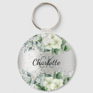 Silver White florals eucalyptus greenery name Sleutelhanger