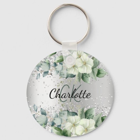 Silver White florals eucalyptus greenery name Sleutelhanger (Voorkant)