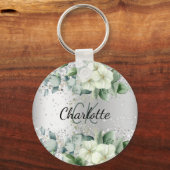 Silver White florals eucalyptus greenery name Sleutelhanger (Voorkant)