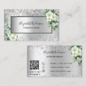 Silver White florals eucalyptus greenery QR code Visitekaartje (Voorkant / Achterkant)