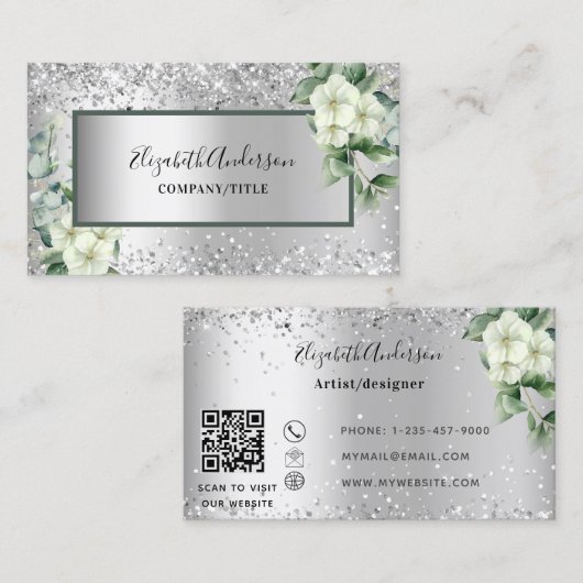 Silver White florals eucalyptus greenery QR code Visitekaartje (Voorkant / Achterkant)