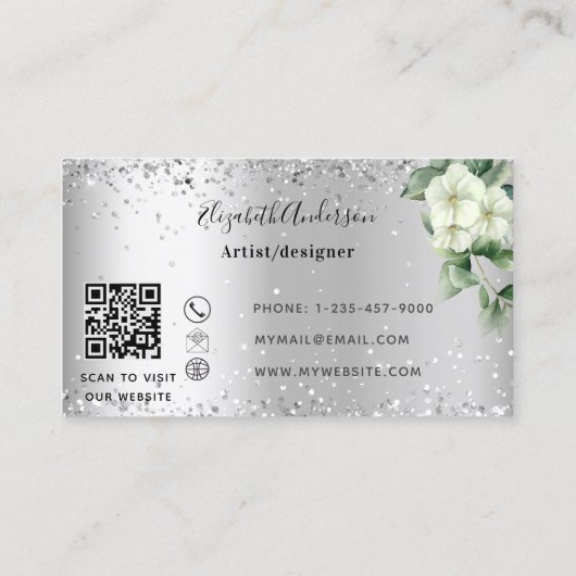 Silver White florals eucalyptus greenery QR code Visitekaartje (Achterkant)