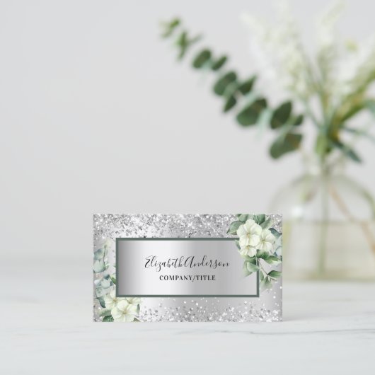Silver White florals eucalyptus greenery QR code Visitekaartje (Staand voorkant)