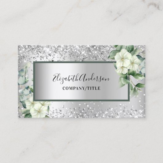 Silver White florals eucalyptus greenery QR code Visitekaartje (Voorkant)