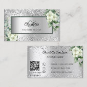 Silver White florals eucalyptus monogram QR-code Visitekaartje (Voorkant / Achterkant)