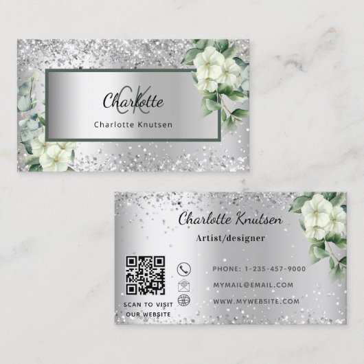 Silver White florals eucalyptus monogram QR-code Visitekaartje (Voorkant / Achterkant)