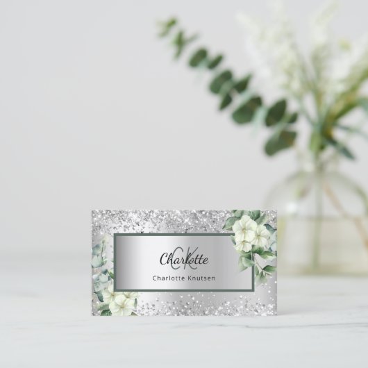 Silver White florals eucalyptus monogram QR-code Visitekaartje (Staand voorkant)