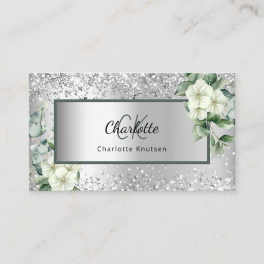 Silver White florals eucalyptus monogram QR-code Visitekaartje (Voorkant)
