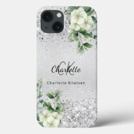 Silver White florals euclayptus monogram name Case-Mate iPhone Case