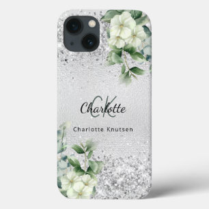 Silver White florals euclayptus monogram name Case-Mate iPhone Case