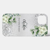 Silver White florals euclayptus monogram name Case-Mate iPhone Case (Achterkant (horizontaal))