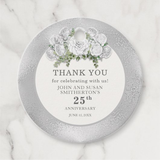 Silver White Flowers 25e bruiloft Jubileum Bedankjes Labels (Voorkant)