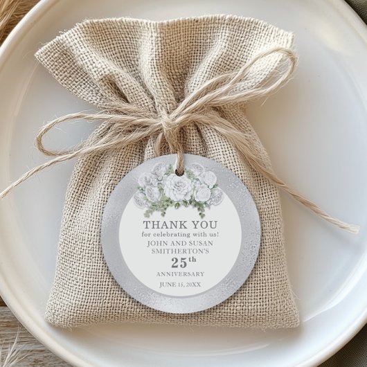 Silver White Flowers 25e bruiloft Jubileum Bedankjes Labels