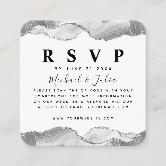 Silver White Glitter Agate Wedding QR Code RSVP Informatiekaartje (Voorkant)
