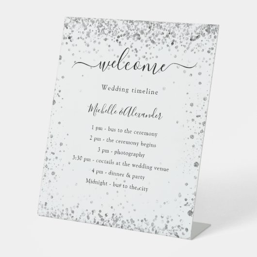 Silver White glitter elegant bruiloft Reclamebord Met Voetstuk (Voorkant)