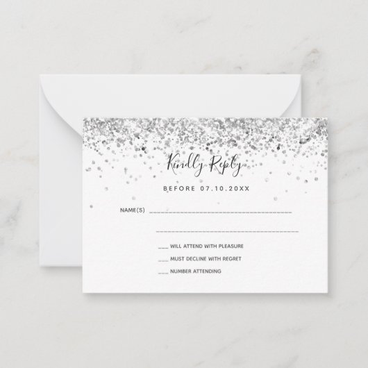 Silver White glitter elegant bruiloft RSVP Notitiekaartje (Voorkant)