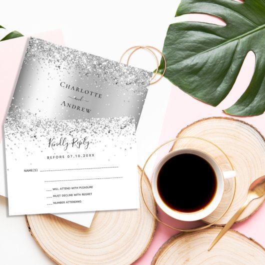 Silver White glitter elegant bruiloft RSVP Notitiekaartje