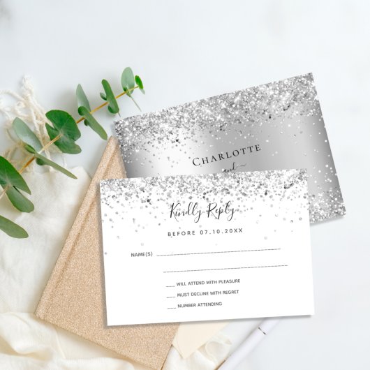 Silver White glitter elegant budget bruiloft RSVP