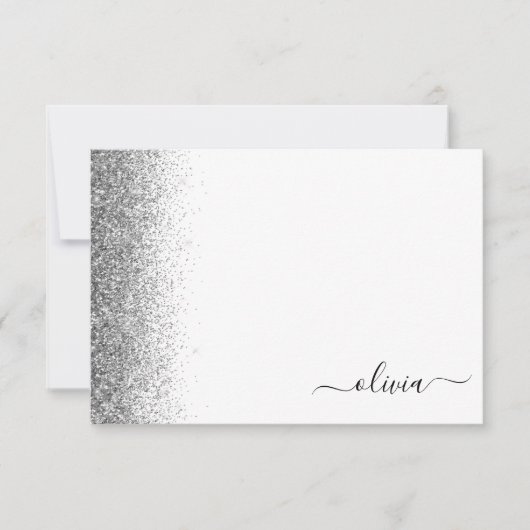 Silver White Glitter Script Monogram Girly Bedankkaart (Voorkant)