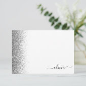 Silver White Glitter Script Monogram Girly Bedankkaart (Staand voorkant)