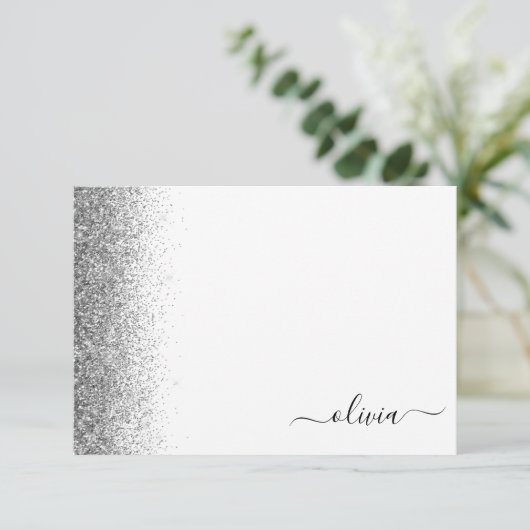 Silver White Glitter Script Monogram Girly Bedankkaart (Staand voorkant)