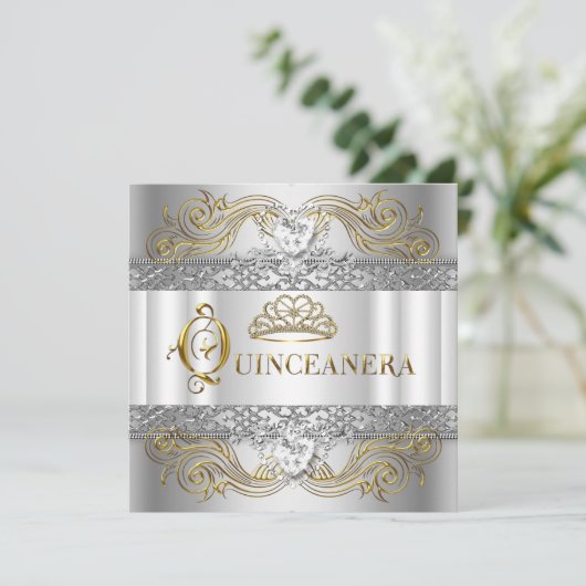 Silver White Gold Quinceanera Birthday Party Kaart (Staand voorkant)