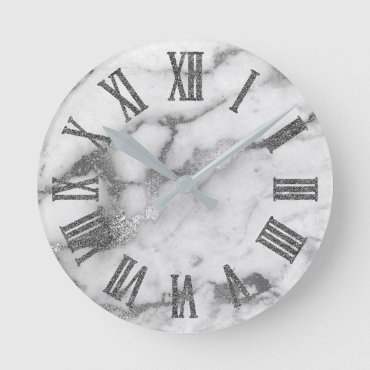 Silver White Grey Carrara Marble Stone Roman Numbe Ronde Klok (Voorkant)