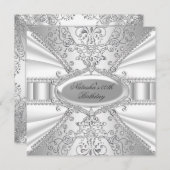 Silver & White Jewel Damask Birthday Invite Kaart (Voorkant / Achterkant)
