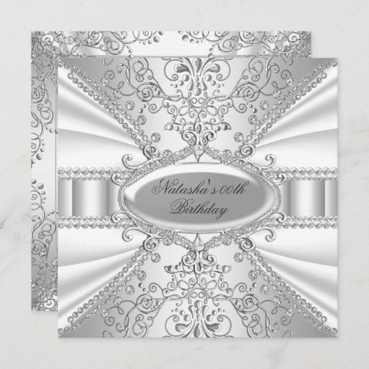 Silver & White Jewel Damask Birthday Invite Kaart (Voorkant / Achterkant)