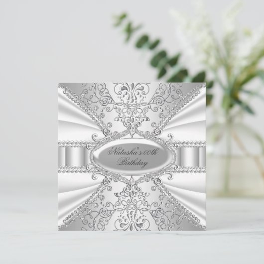 Silver & White Jewel Damask Birthday Invite Kaart (Staand voorkant)