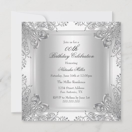 Silver & White Jewel Damask Birthday Invite Kaart (Achterkant)