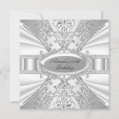 Silver & White Jewel Damask Birthday Invite Kaart (Voorkant)