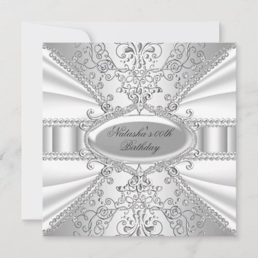 Silver & White Jewel Damask Birthday Invite Kaart (Voorkant)