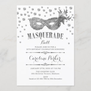 Silver White Masquerade Ball Birthday Party Kaart