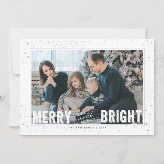 Silver & White Merry en Bright Holiday Foto Feestdagenkaart (Voorkant)
