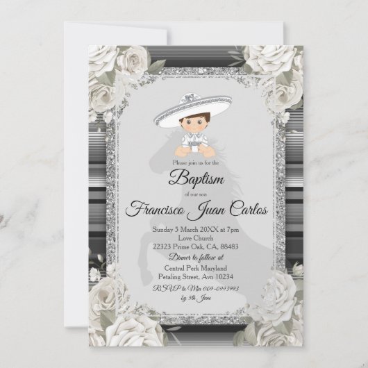 Silver White Mexican Boy Baptism Invitation Kaart (Voorkant)