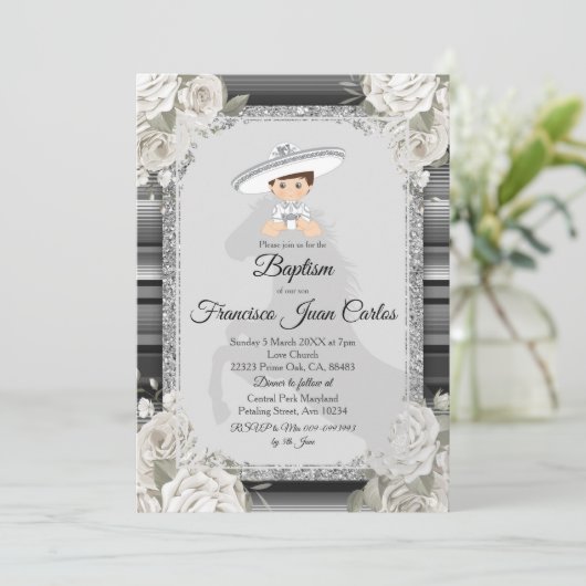 Silver White Mexican Boy Baptism Invitation Kaart (Staand voorkant)