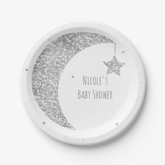 Silver & White Moon & Stars Baby shower Papieren Bordje (Voorkant)