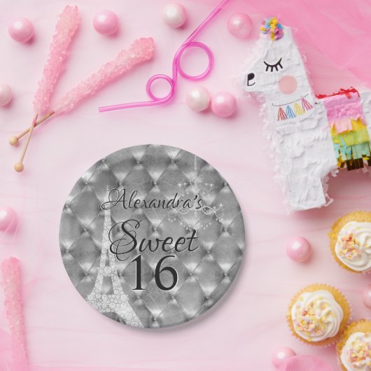 Silver White Paris Sweet Sixteen Verjaardagsfeest Papieren Bordje (Feest)