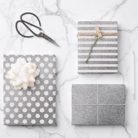 Silver White Polka Dots Stripes Kerstfeestdag Inpakpapier Vel (Voorkant)