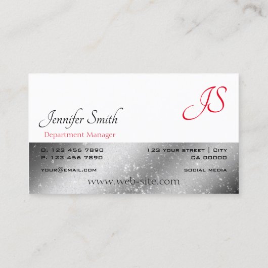 Silver White Red met glittersterren en monogram Visitekaartje (Achterkant)