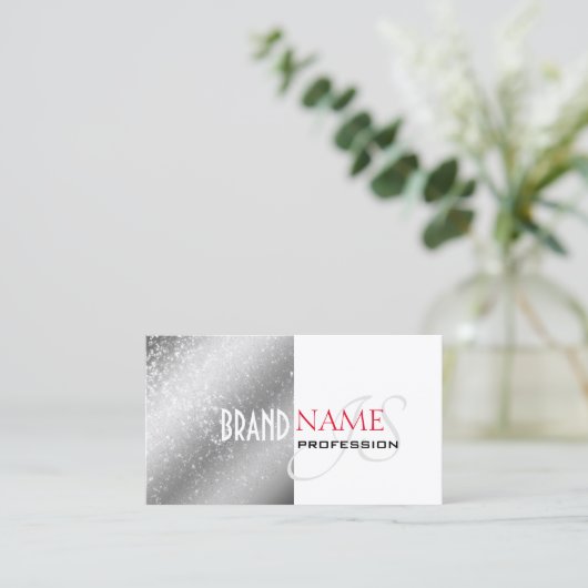 Silver White Red met glittersterren en monogram Visitekaartje (Staand voorkant)